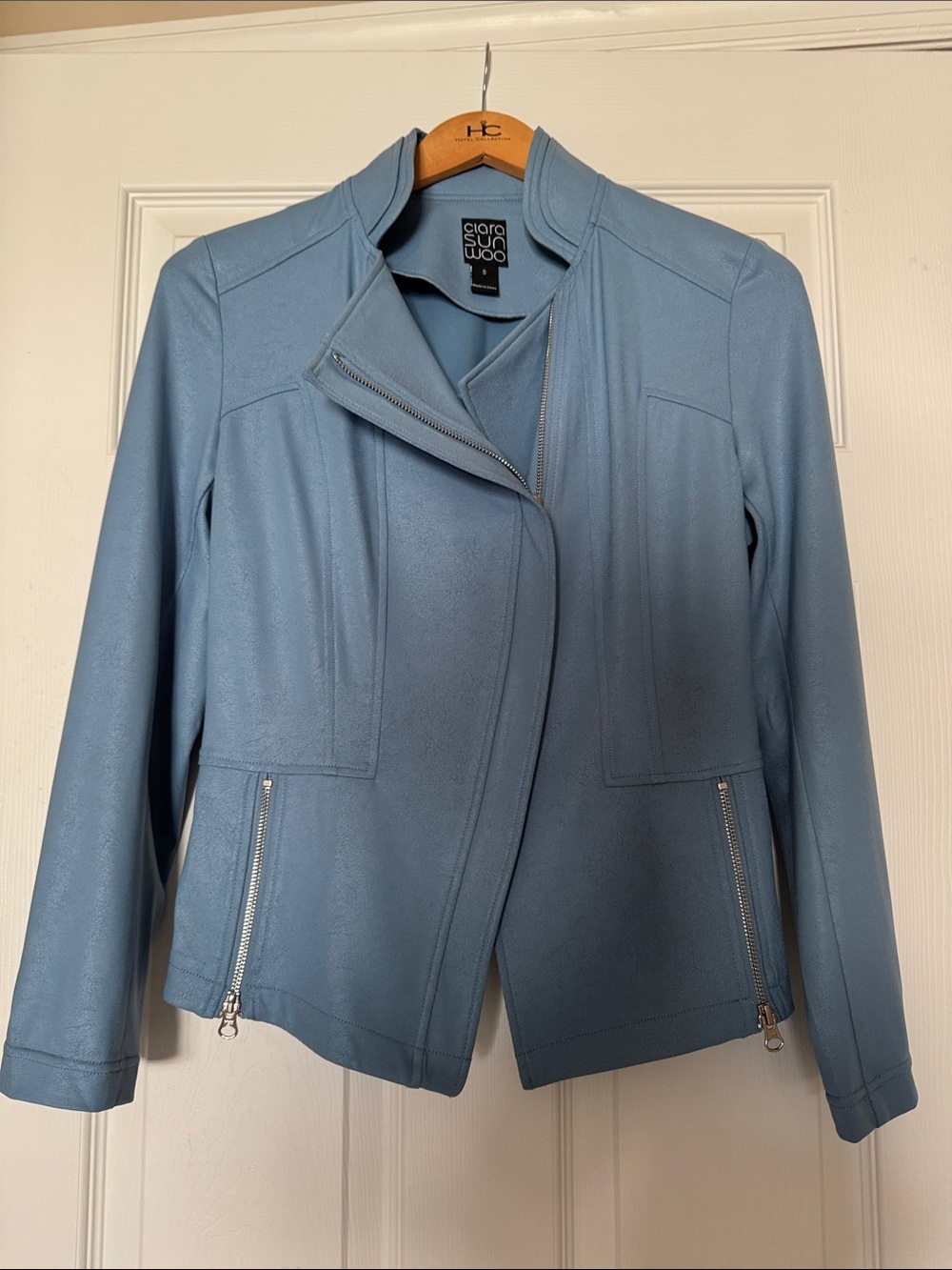 CLARA SUNWOO Powder Blue Asymmetrical Zip Leather Jacket